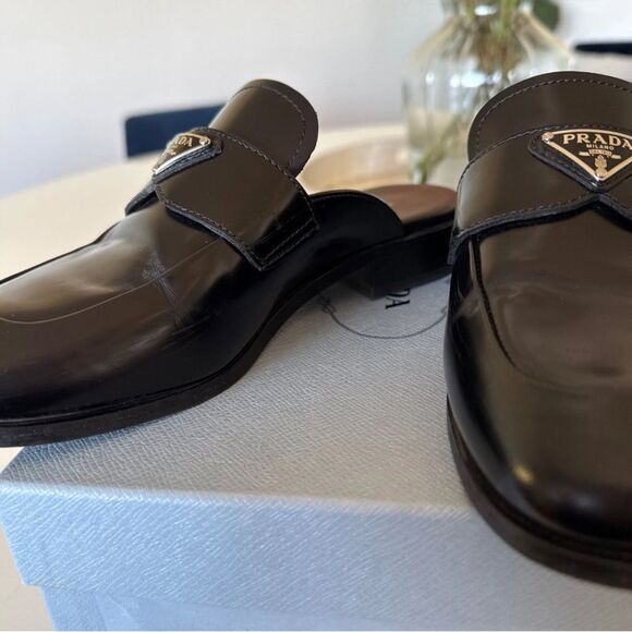 Prada Black Square Toe Leather Logo Slip-On Mules EU 36.5 US 6.5 Authentic - Picture 6 of 10
